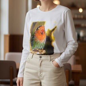 POL White Long Sleeve Top with Vibrant Bird Print